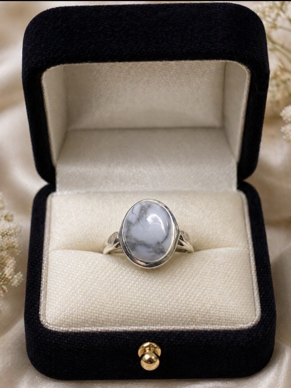 🌺😎Ring White Buffalo Turquoise Cabochon 925 Sterling Silver Elegant Minimalist